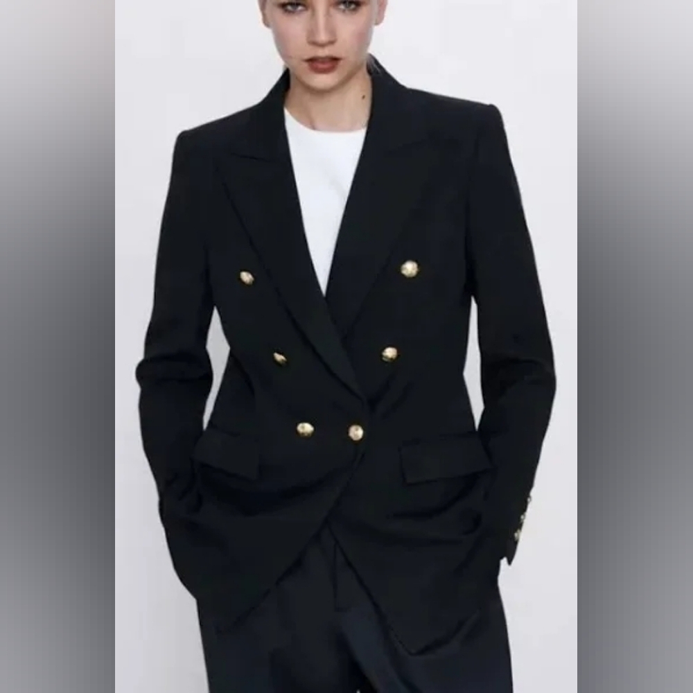 Zara Double Breasted Jacket Blazer Golden Buttons Zw Collection Black Sz M Nwt - Picture 4 of 10